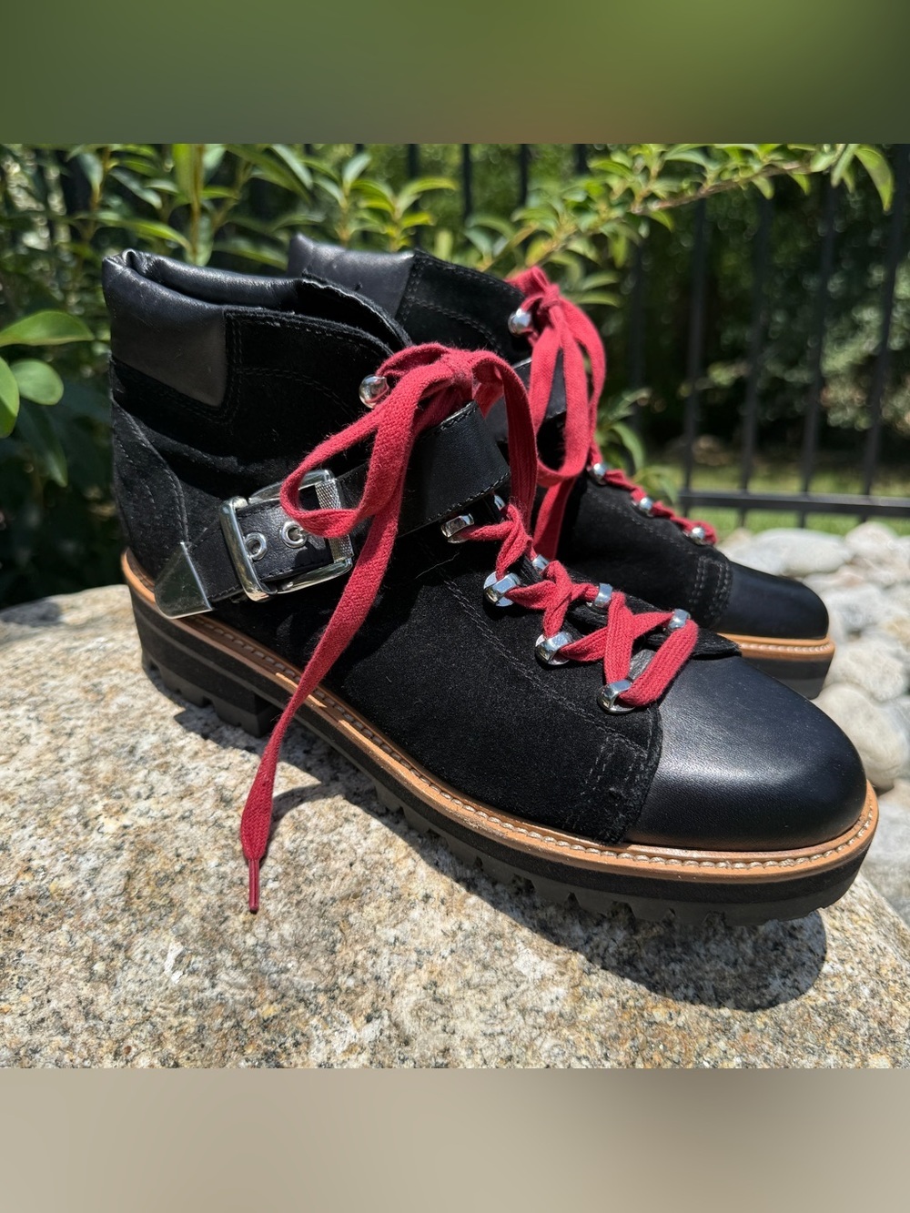 Marc Fisher Leather Suede Combat Ankle Boots Lug Sole Buckle Lace Up Black 9